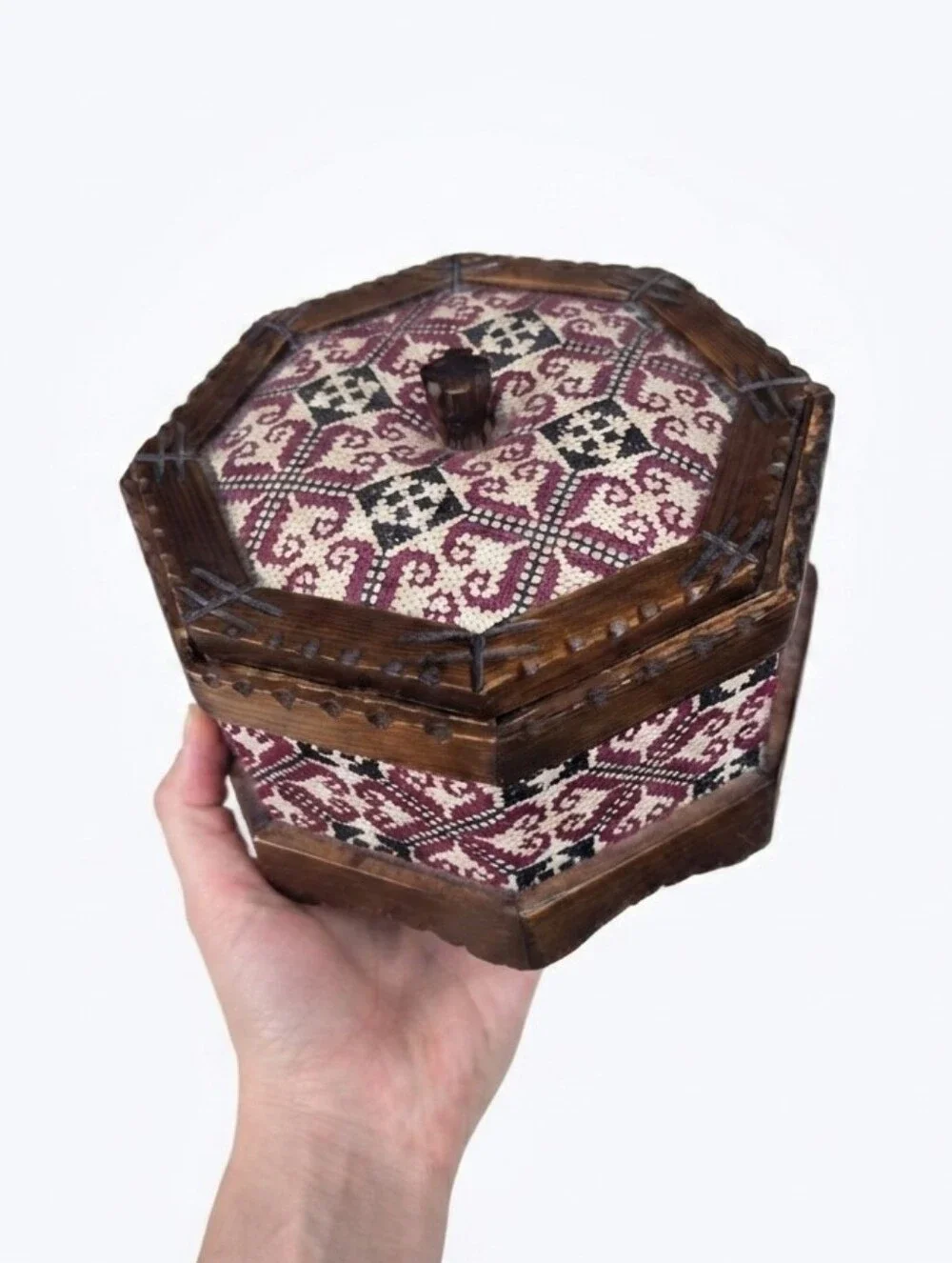Vintage Octagonal Wooden Trinket Box Folk Art Cross Stitch Floral Geometric Boho